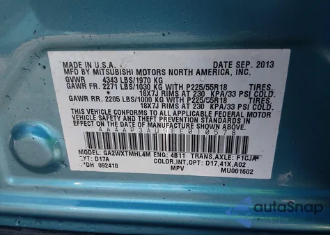 2014 Mitsubishi Outlander Sport Es z USA, uszkodzony, nr VIN 4A4AP3AU9EE010578